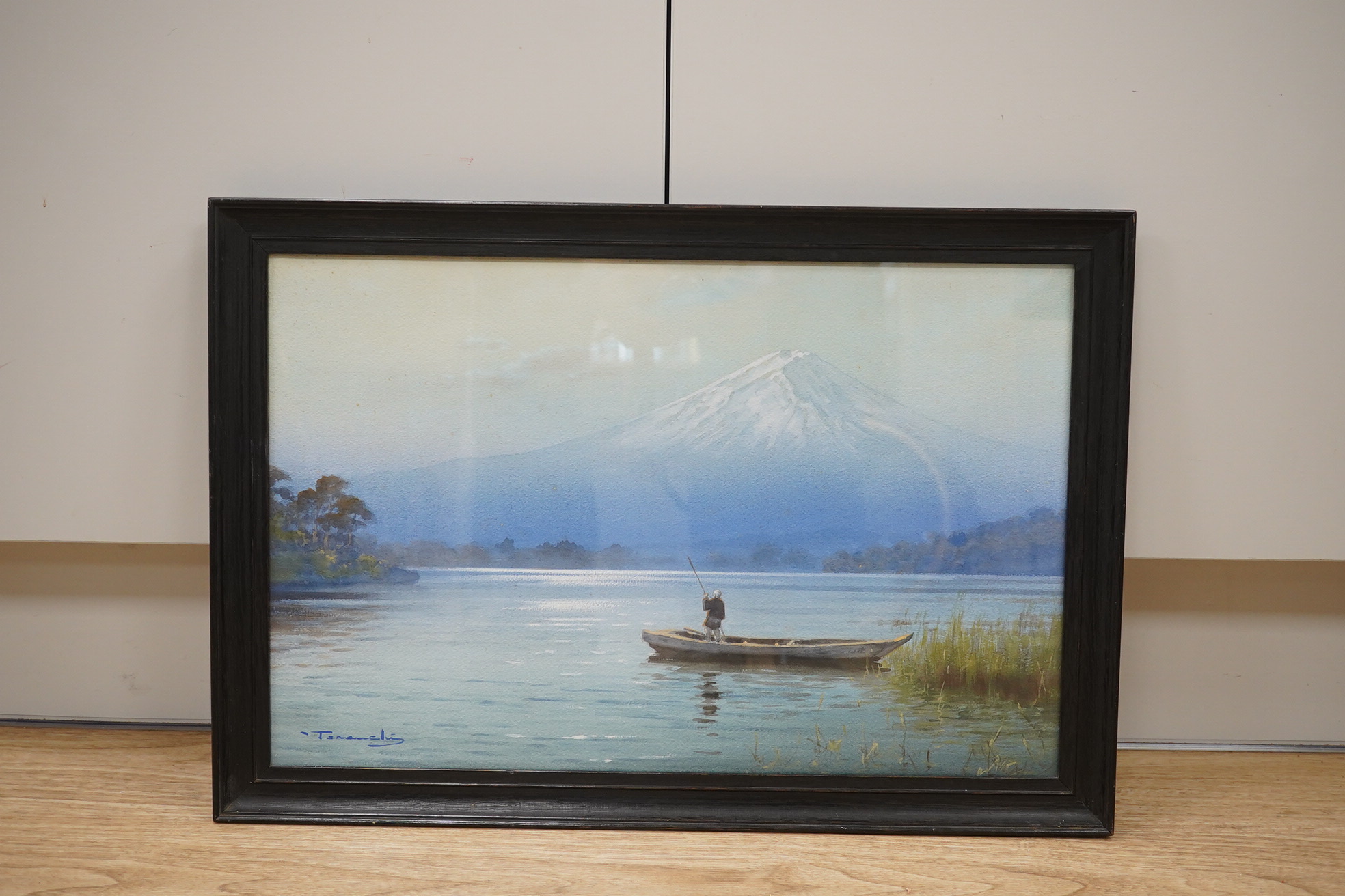 20th century Japanese School, watercolour, Fishermen before Mount Fuji, 31 x 49cm. Condition - fair, some spots of foxing